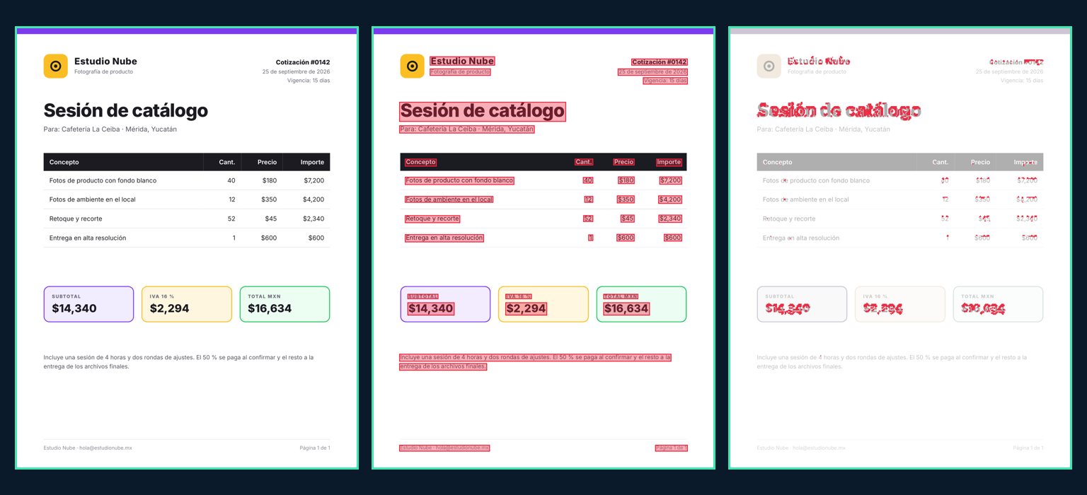 Original, una copia hecha con una foto del PDF (37 líneas horneadas) y una copia con otra fuente, tal como las marca el verificador